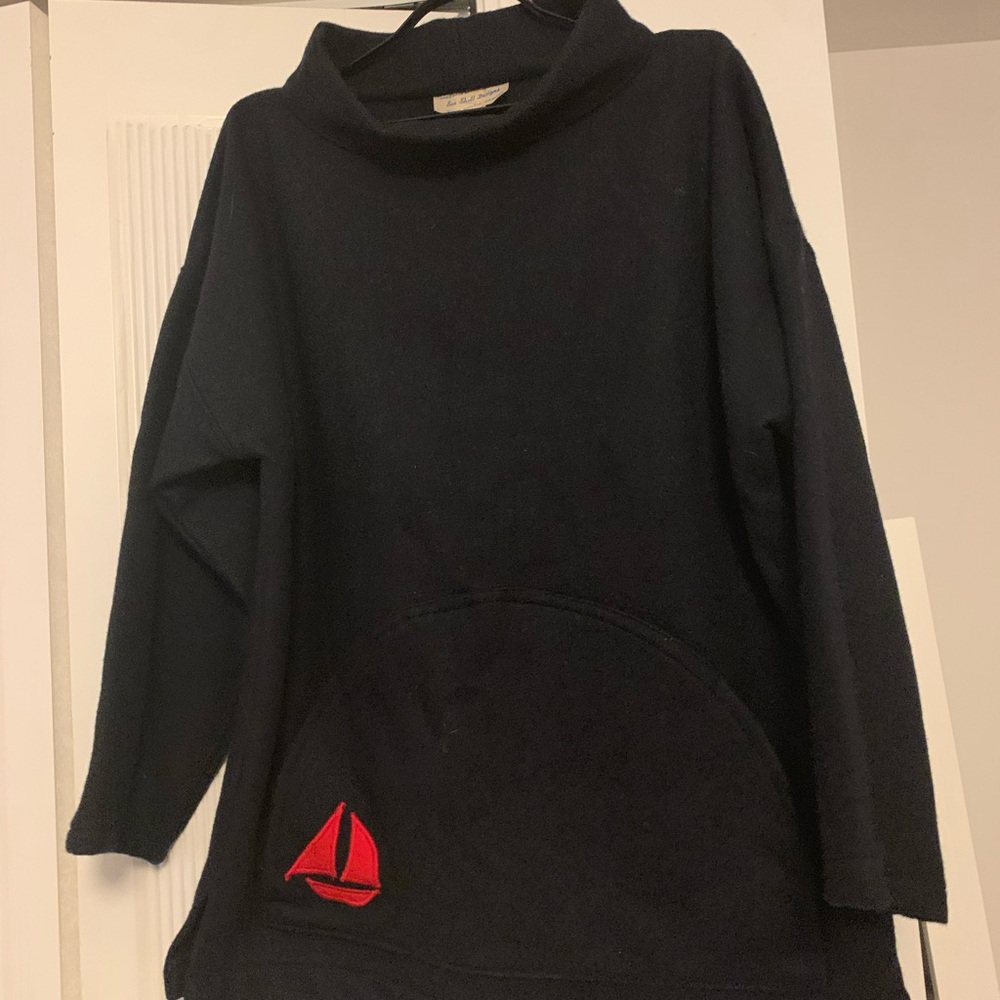 Vintage 100% Wool blue Sail Boat Mock Neck Sweater Handmade Sea Shell
